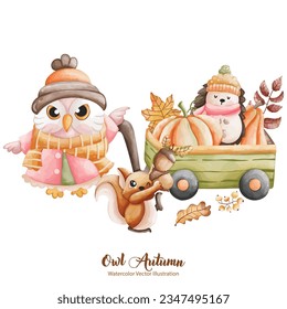 Autumn Owl Vector Illustration - Playful and Colorful Watercolor Art for Seasonal Decor