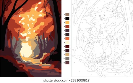 Autumn, Painting by Numbers for adults, Painting by Numbers Kits, concept art, warm color scheme, low detail, vector, flat pattern, painting by numbers, coloring page