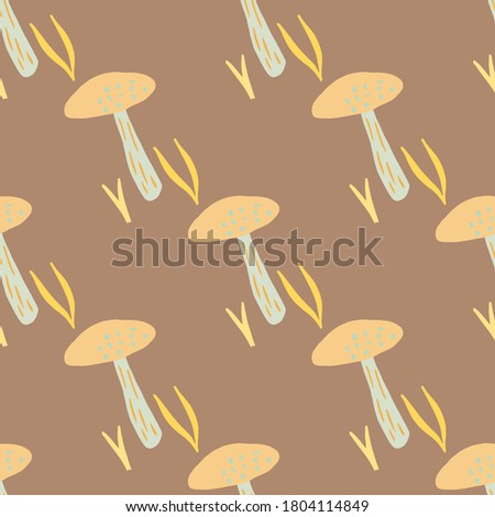 Autumn palette seamless doodle pattern with mushrooms. Beige forest wild fungus silhouettes on brown background. Designed for wallpaper, textile, wrapping paper, fabric print. Vector illustration.