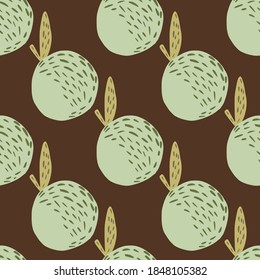 Autumn palette seamless harvest pattern with ripe apples. Pastel light fruit silhouettes on brown background. Flat vector print for textile, fabric, giftwrap, wallpapers. Endless illustration.
