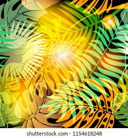 Autumn palm leaves abstract vector seamless pattern. Green yellow exotic plants background. Decorative ornamental floral design. Tropical plants ornament with glowing shiny effects. Endless texture