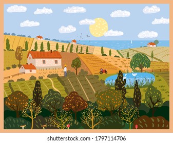 Autumn panorama countryside landscape farm fields. Fall rural rustic view, trees, hills yellow orange foliage. Vector illustration isolated poster banner card cover