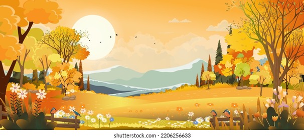 Vector Campo de paisaje panorámico otoño con cielo naranja, hermosa puesta de sol en otoño panorámica panorámica con follaje amarillo, temporada de otoño con espacio fotográfico para fondo de banner