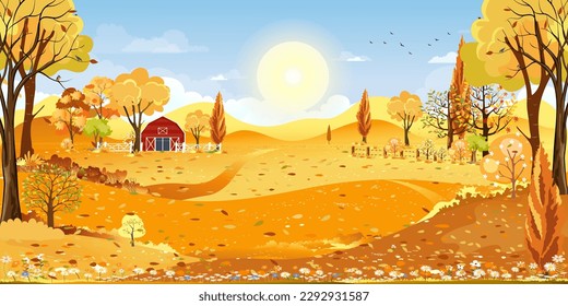 Autumn panorama landscape farm field with blue sky,Panorama view Autumn rural countryside with yellow,orange foliage,Vector cartoon Fall season with copy space for banner background