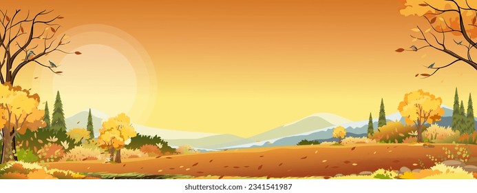 Autumn panorama landscape farm field with orange sky, Beautiful sunset in Autumn countryside panorama view with yellow foliage,Vector cartoon Fall season with copy space for banner background