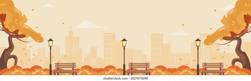 Autumn panorama of the park with orange trees, benches, lanterns, city silhouette. Vector illustration.