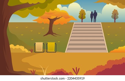 Autumn panoramic illustration vector background. Romantic Couple in falling leaves