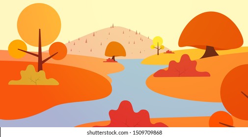 Autumn panoramic landscape background with trees, hills and river in flat colorful style. Cartoon vector horizontal illustration. Seasonal concept for design banner, card.