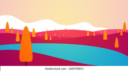 Autumn panoramic landscape background with trees, hills and river in flat colorful style. Cartoon vector horizontal illustration. Seasonal concept for design banner, card.