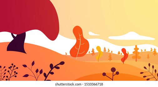 Autumn panoramic landscape background with trees and hills in flat colorful style. Cartoon vector horizontal illustration. Seasonal concept for design banner, card.