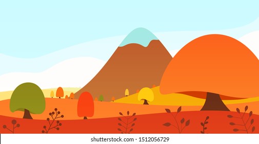 Autumn panoramic landscape background with trees and hills in flat colorful style. Cartoon vector horizontal illustration. Seasonal concept for design banner, card.