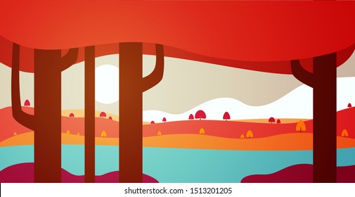 Autumn panoramic landscape background with trees, hills and river in flat colorful style. Cartoon vector horizontal illustration. Seasonal concept for design banner, card.