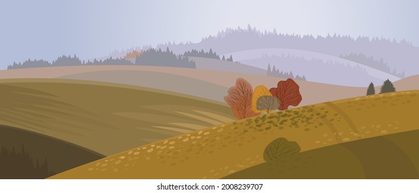 Autumn panoramic landscape in flat cartoon style, splash for cover or postcard. Carpathians - nature of mountains and fields, template for the seasonal calendar.