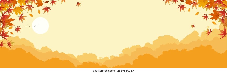 Autumn Panoramic Sunset Sky Background With Orange Red Maple Leaves.Yellow Sky Golden Hour Sun, Birds And Layered Clouds, Wide Vector Illustration For Fall Season,Thanksgiving Banner Nature Design.