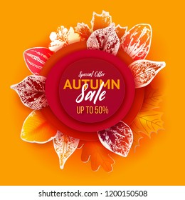 Autumn paper art cut out circles with leaves. Sale offer with stamps. Design for decoration, business presentation, posters, flyers, prints. Vector illustration.