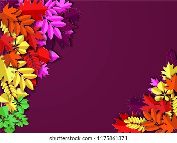 Autumn paper background, colorful tree leaves,  design for fall season banner, poster or thanksgiving day greeting card, space for text, 3d paper cut out art style, vector illustration