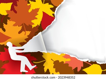 Autumn paper background, promotion man ripped paper.
Male silhouette ripping paper background with autumn leaves. Place for your image or text. Vector available.