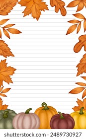Autumn paper blank lines template with fall season leaves and pumpkin