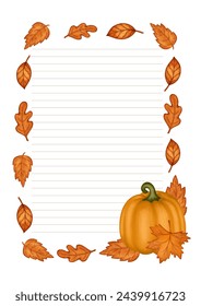 Autumn paper blank template with fall season leaves and pumpkin