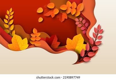 Autumn paper cut background. Fall origami art style poster with tree leaf and branch illustration. Creative foliage decoration with [lace fro advertising or promotion text svg