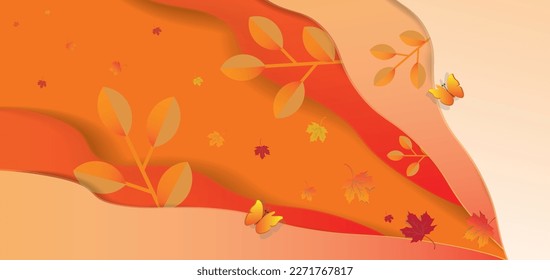 Autumn paper cut background. Fall paper art style poster with leaf and 
butterfly. Background for products advertising. Vector illustration.