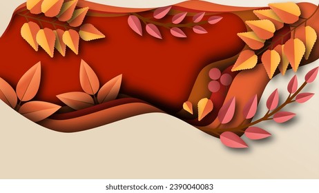 Autumn paper cut background. Fall origami art style poster with tree leaf and branch illustration. Creative foliage decoration with [lace fro advertising or promotion text