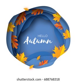 Autumn Paper Cut Leaves. Hello Autumn. September flyer template. Circle layered cave frame. Space for text. Origami Foliage. Maple, oak. Fall poster. Blue background. Vector