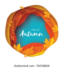 Autumn Paper Cut Leaves. Hello Autumn. September flyer template. Circle layered cave frame. Space for text. Origami Foliage. Maple, oak. Fall poster. Blue background. Vector