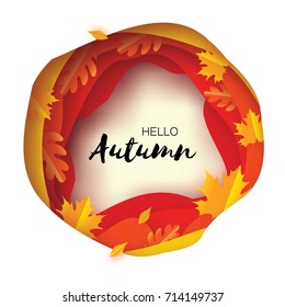 Autumn Paper Cut Leaves. Hello Autumn. September flyer template. Circle layered cave frame. Space for text. Origami Foliage. Maple, oak. Fall poster. Blue background. Vector