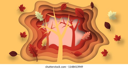 Autumn paper cut with leaves and tree. Abstract background with shapes in yellow, orange, purple colors. Design for decoration, business presentation, posters, prints. Vector.