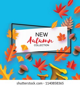 Autumn in paper cut style. Origami leaves, mushroom. cone. Hello Autumn. September. October. Rectangle frame for text. Origami Foliage. Maple, oak. Fall. Poster template.