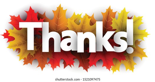 Autumn paper thanks letters over color maple leaves - Vector illustration.
