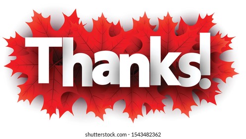 Autumn paper thanks letters over red maple leaves - Vector illustration.