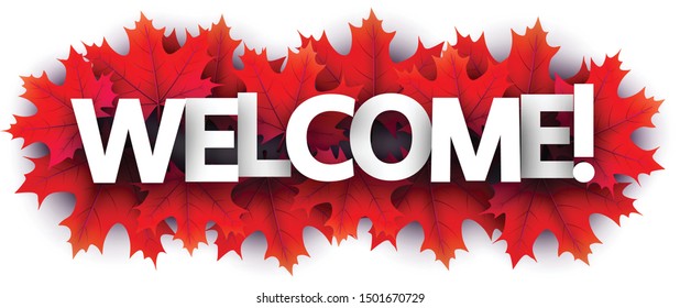 Autumn paper welcome letters over red maple leaves - Vector illustration.