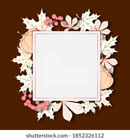 Autumn papercut frame card with leaves and pumpkin