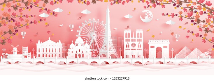 Autumn in Paris, France with falling maple leaves and world famous landmarks in paper cut style vector illustration