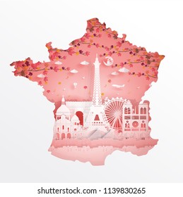 Autumn in Paris, map concept with Eiffel Tower and Paris, France famous landmarks in paper cut style vector illustration. Travel poster, postcard and advertising design.