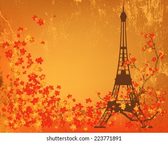 autumn in Paris shabby vector background - eiffel tower among fall season branches and foliage