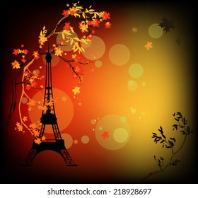 autumn in Paris vector background - Eiffel tower among fall season tree branches (EPS10, transparancies used on separate layer for bokeh)