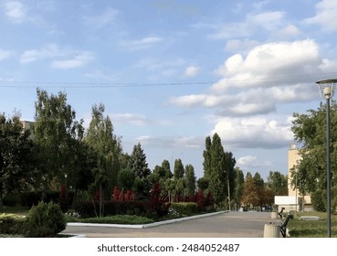 An autumn park alley with exotic green and burgundy plants in the middle surrounded by tall birches and other trees, benches, and street lanterns under the light-blue sky with low greyish clouds.