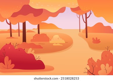 Autumn park background. Fall forest vector illustration. Outdoor recreation, nature rest. Cartoon cute September or October scenery. Trees and grass in orange-red tones.