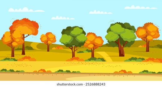 Autumn park background. Fall forest vector illustration. Outdoor recreation, nature rest. Cartoon cute September or October scenery. Trees with green and orange foliage.