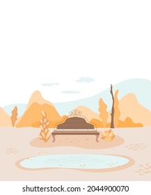 Autumn park with bench and lake. Abstract fall landscape with hills, trees, yellow leaves on ground, Vector illustration with white sky and copy space