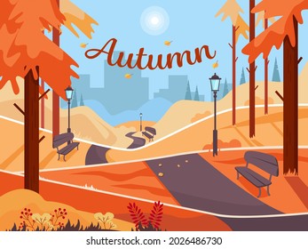 Autumn park with benches and lanterns. Coniferous forest. Colorful landscape on a city background. Vector illustration.