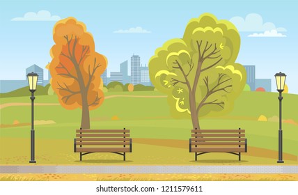 Autumn park with benches and streetlight. Wooden seats along path and fall leaves on trees, skyscrapers of downtown at horizon vector illustration.