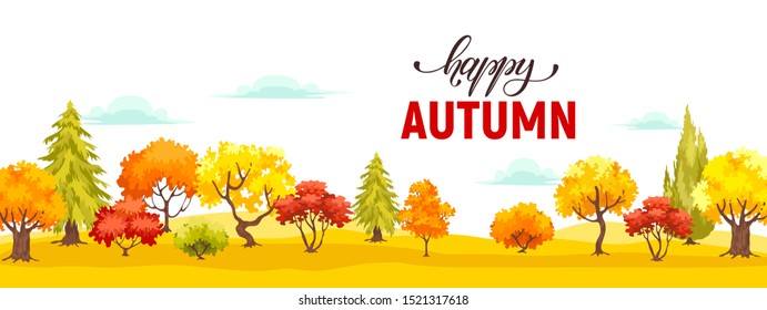 Autumn park cartoon tree landscape. Autumnal scene with colorful forest. Fall panorama woods environment vector background.