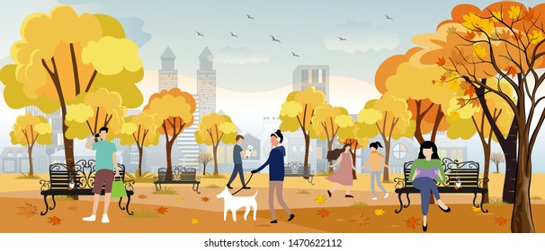  Autumn park in the city with happy people having fun, a girl walking the dog, young boy talking on mobile phone, a man reading news paper and women sitting on bench reading a book with orange foliage