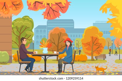 Autumn park and couple drinking coffee near cafe. Woman in hat in front of man with hot beverages among fall trees, ginger cat vector illustration.