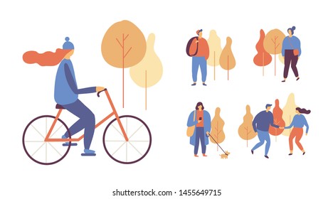 Autumn park. Different People in warm clothes having fun outdoors in urban park.  Autumn park with people illustration. 
