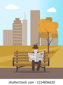 Autumn park and elderly man reading newspaper. Senior in hat with beard sitting on bench, fall leaves, skyscrapers at horizon vector illustration.